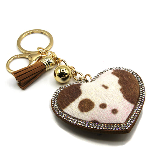 Brown Rhinestone Cow Print Heart Keychain